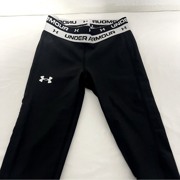 Under Armour Boys Compression Pants Logo Waist Black Training Athletic EUC - Picture 1 of 4